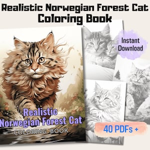 Realistic Norwegian Forest Cat Coloring Book, 20 Norwegian Forest Cat Grayscale Coloring Pages, Unique Feline Art for Joyful Creativity