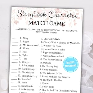 ストーリーブックのキャラクターマッチ ベビーシャワー ゲーム | 本をテーマにしたベビーシャワー ゲーム | ミニマリストの子供向けブック シャワー ゲーム | すぐにダウンロード