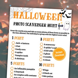 May include: A Halloween-themed photo scavenger hunt printable with orange text and illustrations of bats, a ghost, and a telescope. The list includes items like a jack-o-lantern, spider, and inflatable pumpkin.