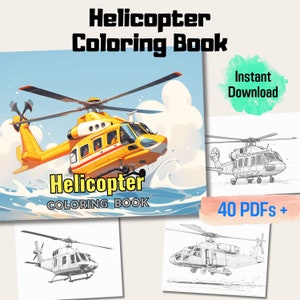 Könnte beinhalten: Ein Malbuch mit 40 verschiedenen Hubschrauber-Designs. Das Cover zeigt einen gelben Hubschrauber, der über einem blauen Meer mit weißen Wellen fliegt. Der Titel des Buches lautet "Helicopter Coloring Book".