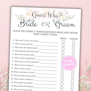 Bridal Shower Guess Who? Bride or Groom | Bride Or Groom Printable Game | Who Knows The Couple Best | Wedding Party Game | Instant Download