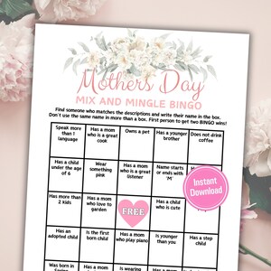 Mothers Day Mix and Mingle Bingo | Mothers Day Find the Guest Bingo | Ice Breaker Game | Games for Mom | Mothers Day Party Games Printable