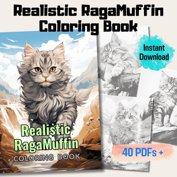 Realistic RagaMuffin Coloring Book, 20 RagaMuffin Grayscale Coloring Pages, Stress Relief, Cat Lovers Gift, Mindfulness Art, Printable PDF