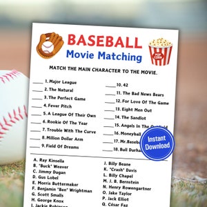 Baseball Movie Matching Game | Baseball Movie Match Up Trivia Game | Printable Baseball Team Party Games | Sports Trivia Quiz | World Series