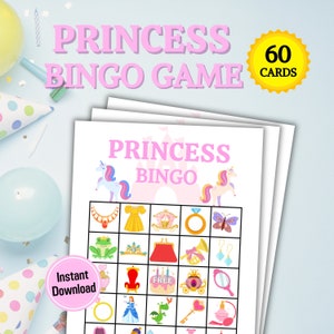 Juego de bingo de 60 princesas / Juego de bingo de cumpleaños de princesas / Juego de bingo para fiestas de cumpleaños / Juego de cumpleaños de princesas / Juego de fiesta imprimible de princesas