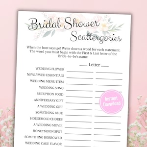 Nuptiale Shower Scattergories Jeu | Jeu de Scattergories minimaliste imprimable | Jeu de douche nuptiale imprimable | Jeu de mariage
