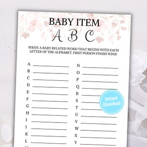 Babyparty Baby Artikel ABC Spiel | Babyartikel-Spiel | Baby Namenslauf Spiel | Buchstaben-Rätsel | Minimalistisches Baby Shower Spiel zum Ausdrucken