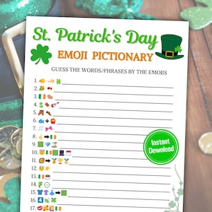 May include: A printable St. Patrick's Day Emoji Pictionary game. The game features 17 emoji clues for players to guess the corresponding words or phrases. The game is designed for a fun and interactive St. Patrick's Day celebration.