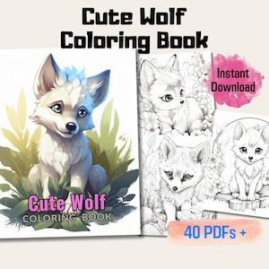 20 Cute Baby Wolf Grayscale Coloring Page Book, Adorable Wolf Pups For Kids and Adults, Printable PDF Instant Digital Download Coloring Page