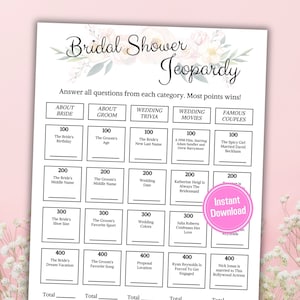 péril pour la douche nuptiale | Carte Jeopardy imprimable | Fête de mariage | Enterrement de vie de jeune fille | Douche nuptiale minimaliste | Téléchargement instantané