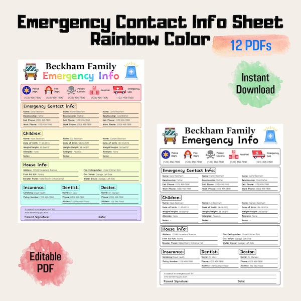 Emergency Contact Info Sheet Rainbow Color, Emergency contact sheet, babysitter info sheet, emergency contact form, nanny, printable