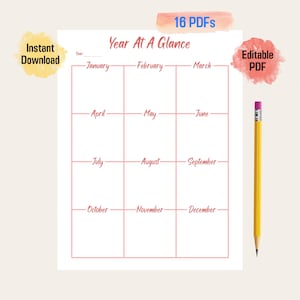 Planificador anual editable de un vistazo en tonos cálidos, resumen anual imprimible, planificador anual en una página, calendarios perpetuos, descarga en PDF