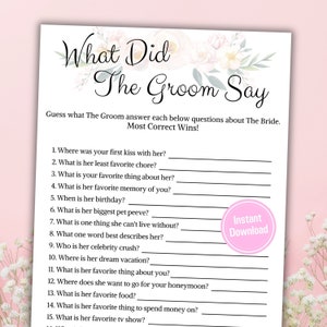 Bridal Shower What Did The Groom Say | Groom Trivia | Wedding Party | Bachelorette Party | Minimalist Bridal Shower | Instant Download