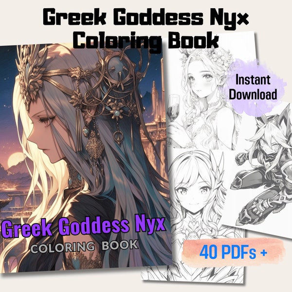 20 Pages Greek Goddess Nyx Grayscale Coloring Book, Ideal Relaxation Gift, Instant Download, Educational And Fun Activity, Printable PDF