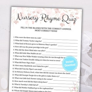 Baby Shower Comptine Jeu | Quiz sur les comptines | Jeu de baby shower imprimable | Jeu de Baby Shower | Téléchargement instantané | Jeu de chambre d'enfant