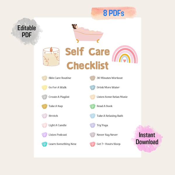 Self Care Checklist | Digital Planner | Self-Love Journal | Daily Planner | Mental Health Mindfulness Healing Anxiety Self Love | Printable