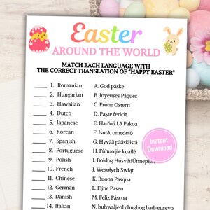 May include: A printable worksheet with a list of languages and their translations for "Happy Easter". The worksheet is decorated with Easter-themed illustrations, including a bunny rabbit and an egg.