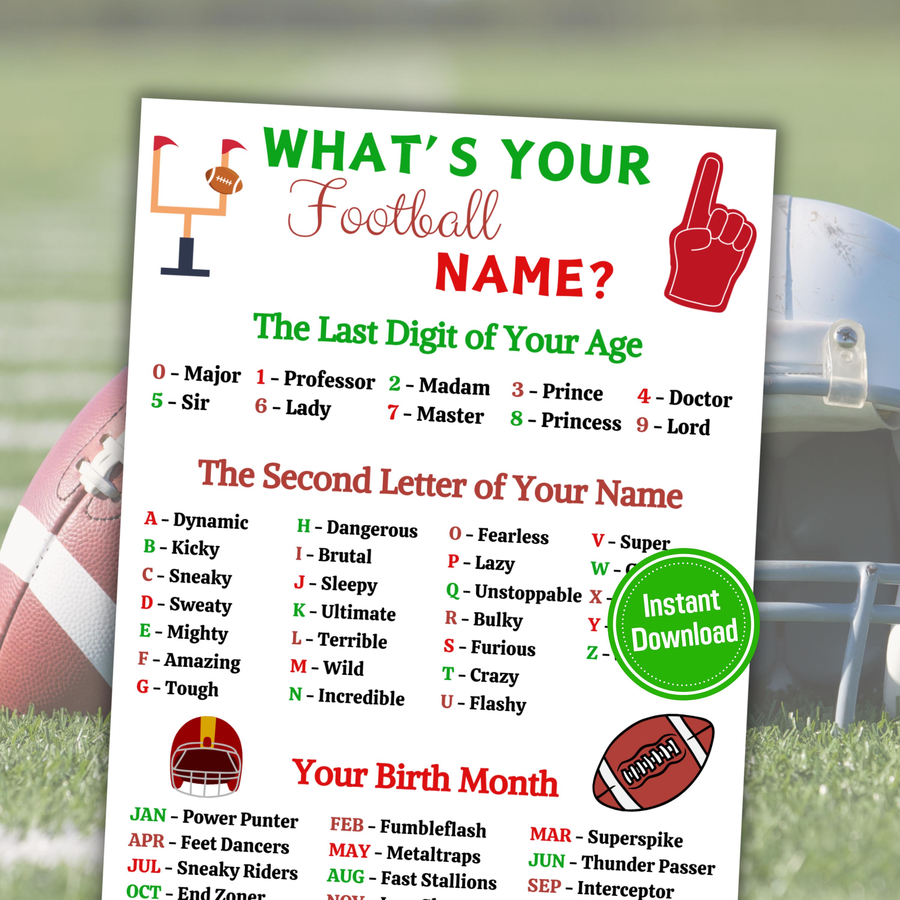 What's Your Football Name Game | American Football Name Generator | Printable Football Party Sign And Name Tags | NFL Theme Birthday