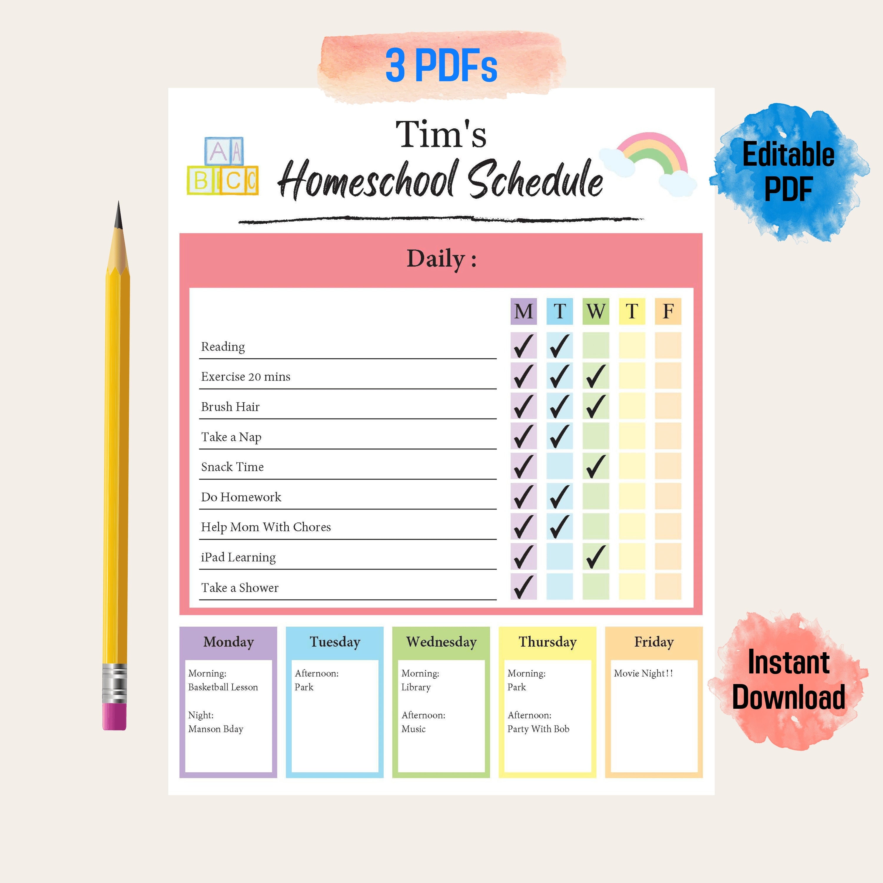 Homeschool Daily Subject Checklist DIY Editable Template, 40% OFF