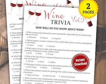Wine Trivia Game Vol.2 | Wine Knowledge Quiz Game | Printable Wine Party Trivia Game | Wine Trivia Quiz | Wine Party | Instant Download PDF