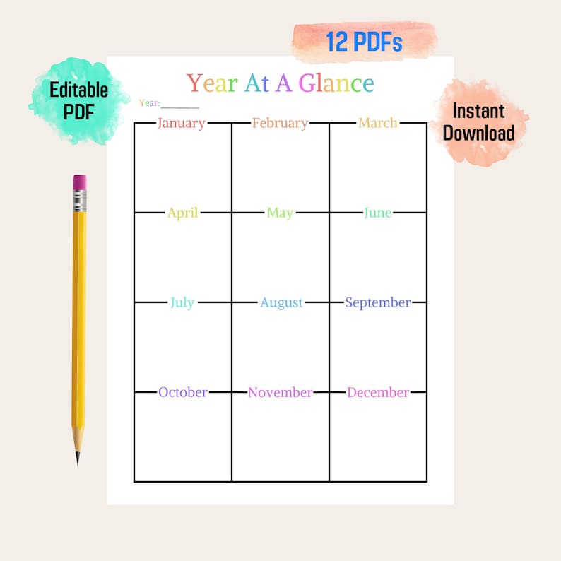 Editable year at a glance planner rainbow color tone planner refills