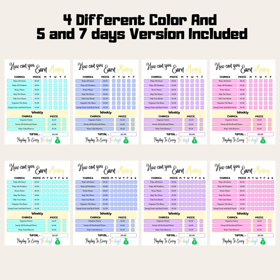 Editable Chore Chart for Kids Cool Color Tone, Editable Allowance Chore ...