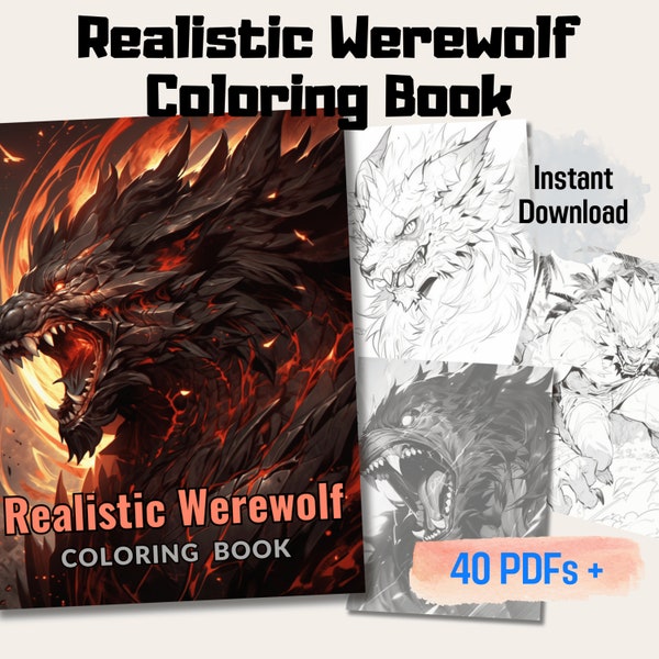 20 Realistic Werewolf Grayscale Coloring Book, Unique Gift For Adults And Kids, Relaxation, Stress Relief, Instant Download, Printable PDF