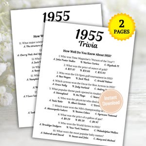 1955 Quiz-Spiel | Druckbares 70er Geburtstagsspiel | Jahrgang 1955 Quiz | Zurück zur 55er Jahre Party | 70er Geburtstag Ideen | Sofort Download