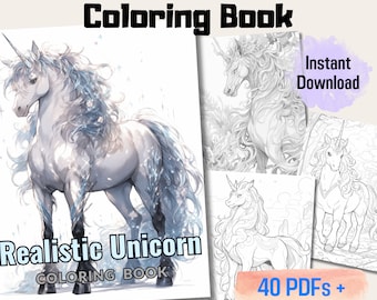 Libro para colorear con 20 unicornios realistas en escala de grises. Ideal para adultos y niños. Relajación, concentración y creatividad. Descarga instantánea. PDF imprimible.