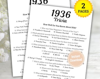 1936 Trivia Game | Printable 90th Birthday Party Game | Born in 1936 Quiz | Back to the 30s Party | 90th Birthday Ideas | Instant Download