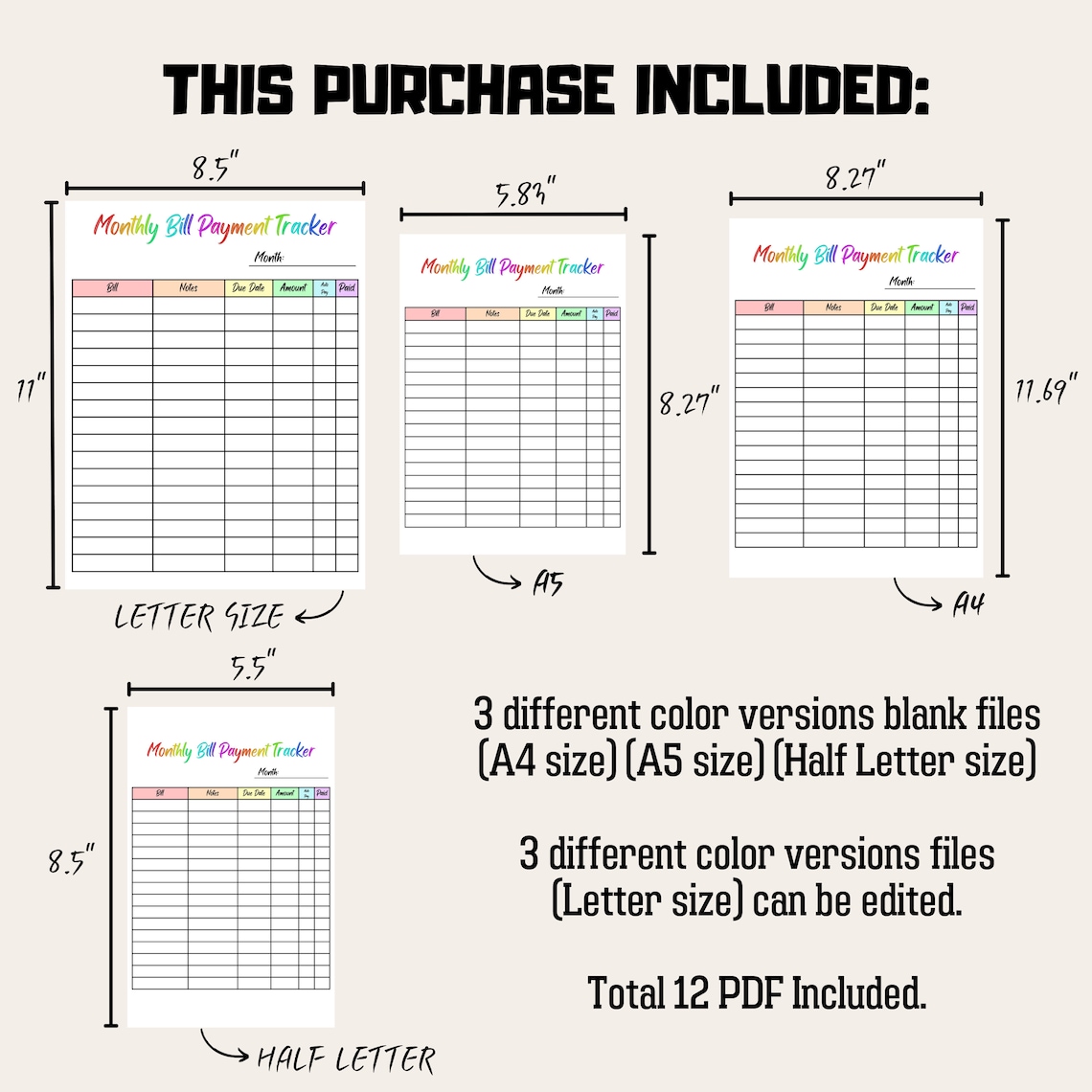 Bill Payment Tracker Rainbow Color Printable, Editable Monthly Bill ...