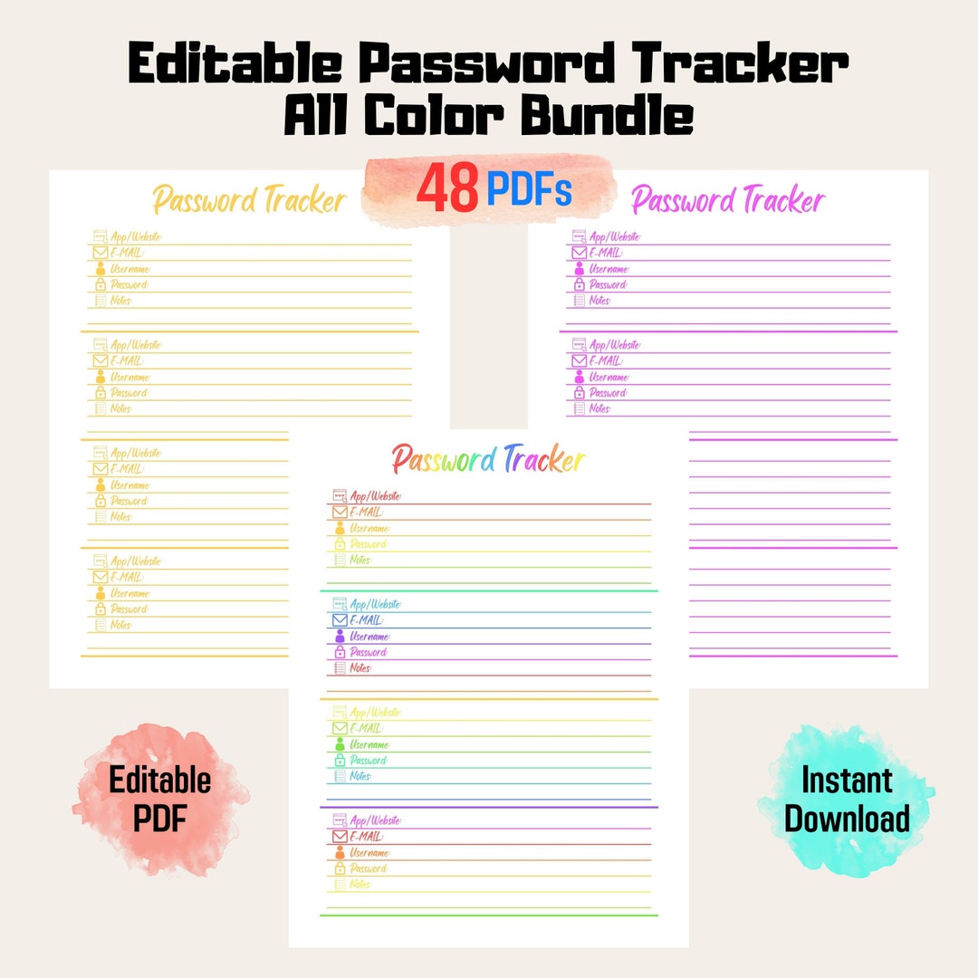 Editable Password Tracker All Color Bundle | Half Letter/letter Size/a4 ...