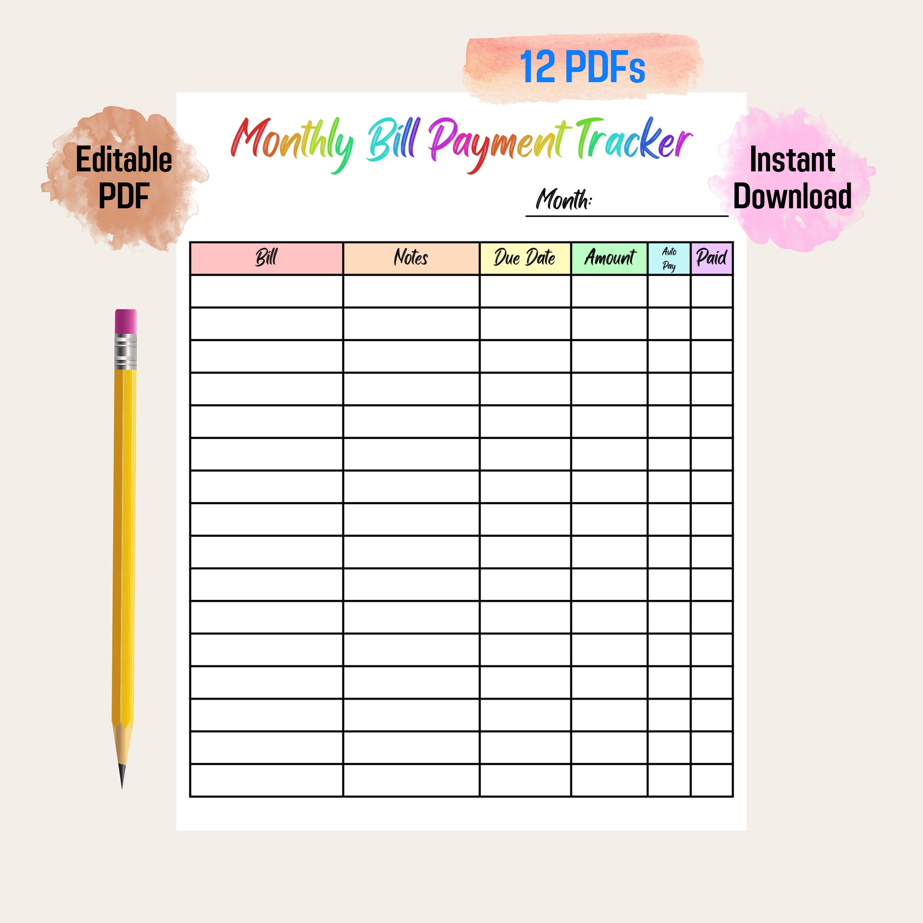 Colored Monthly Bill Organizer Template Template - Printable PDF