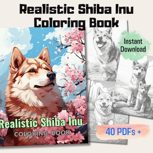 May include: A digital coloring book featuring 40 realistic illustrations of Shiba Inu dogs. The cover image shows a Shiba Inu dog with a soft, fluffy coat, looking up at the sky with a gentle expression. The background features a blue sky with white clouds and a blooming cherry blossom tree.