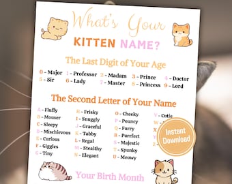 What's Your Kitten Name Game | Printable Kitten Name Generator | Minimalist Kitten Party Sign And Name Tags | Instant Download PDF