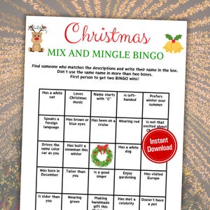 Christmas Mix and Mingle Bingo | Christmas Find the Guest Bingo | Printable Christmas Party Jingle and Mingle Bingo | Instant Download PDF