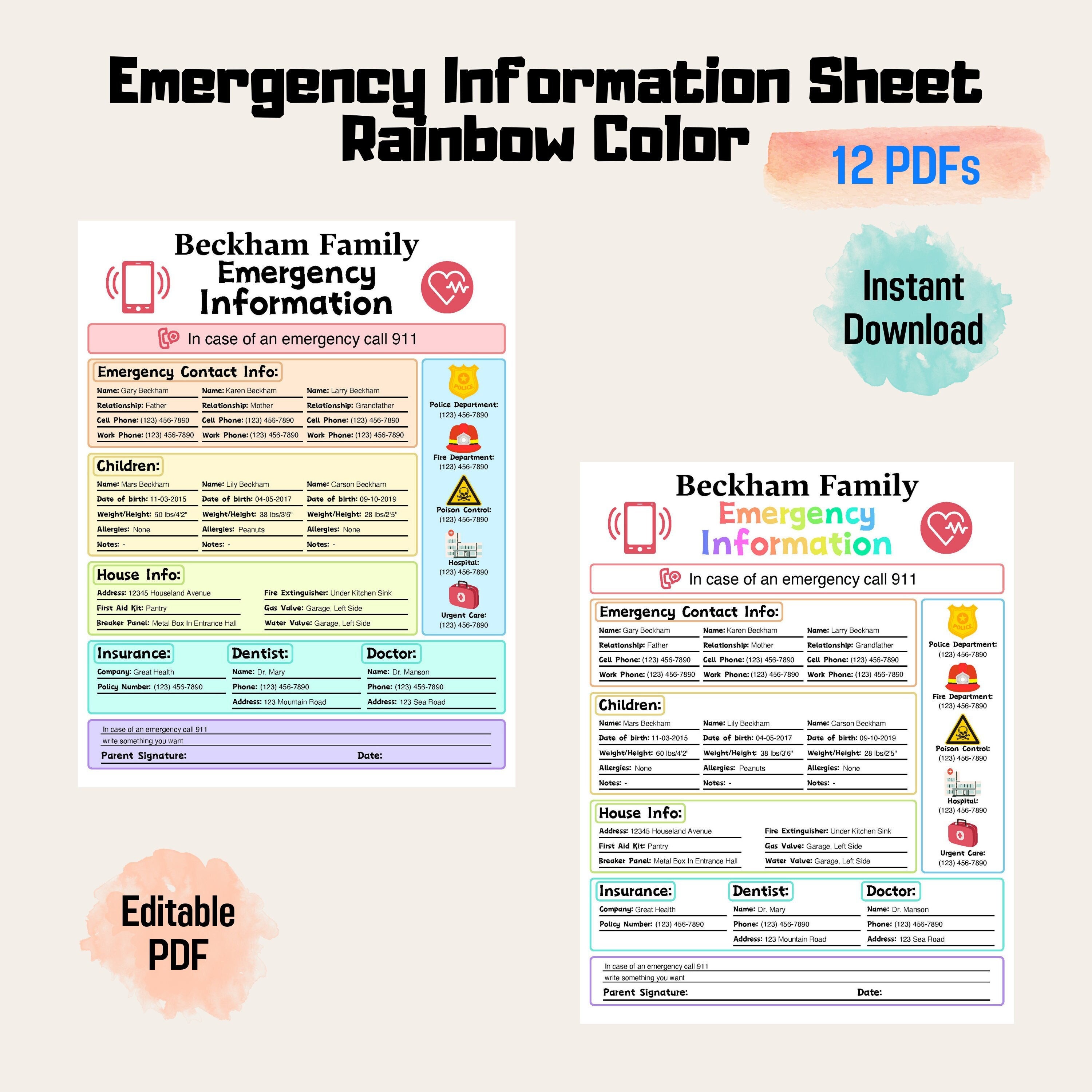 Printable Emergency Information Sheet Rainbow Color In Case Of printable-emergency-information-sheet-rainbow-color-in-case-of