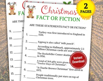 May include: A printable Christmas game with the title "Christmas Fact or Fiction". The game has 16 questions about Christmas traditions and facts. The questions are formatted as "Are these statements fact or fiction?" with a blank line for the answer.