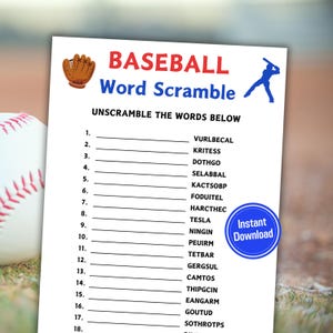 Baseball Word Scramble Game | Printable Baseball Team Word Game | Baseball Birthday Game | MLB Game for All Ages | World Series Activity