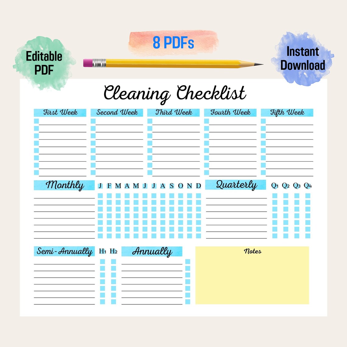 Customizable Printable Cleaning List Cool Color Tone, Weekly Cleaning ...
