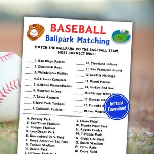 Baseball Ballpark Matching Game | Printable Baseball Trivia Game | Baseball Team Party Game | MLB Game for All Ages | World Series Activity