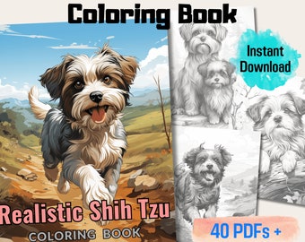 Może przedstawiać: Książka do kolorowania z realistycznymi ilustracjami psów rasy Shih Tzu. Okładka przedstawia brązowo-białego Shih Tzu biegnącego ścieżką w kolorowym krajobrazie. Tytuł "Realistic Shih Tzu Coloring Book" jest wyświetlony na okładce. Książka zawiera 40 stron PDF do wydrukowania.