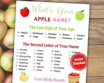 Wat is jouw naam? Spel | Afdrukbare naamgenerator voor appels | Minimalistisch Apple Team Party-bord en naamkaartjes | Pdf direct downloaden