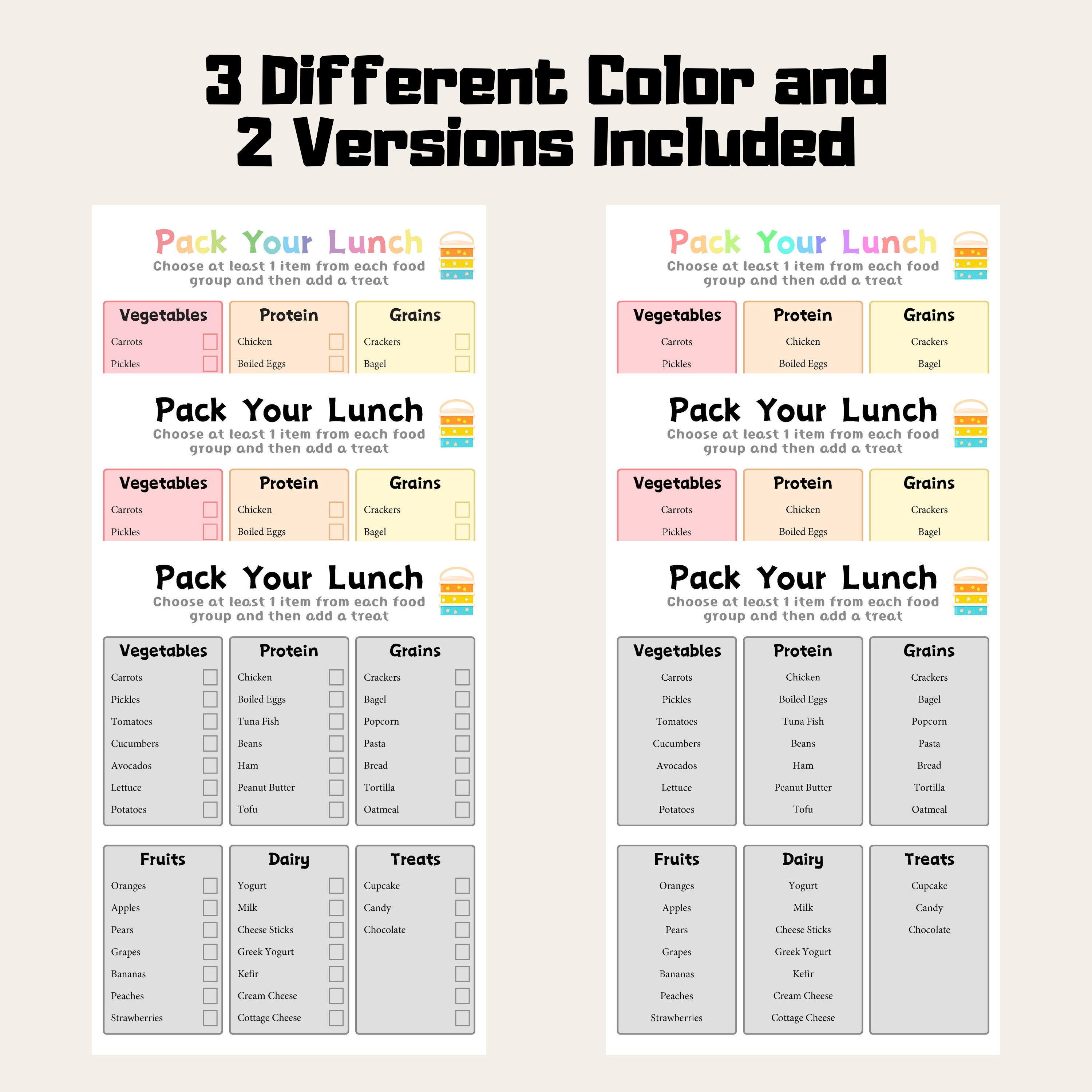 Pack Your Lunch Checklist Rainbow Color Kids Healthy Lunchbox Template ...