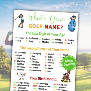 Pode incluir: Um divertido imprimível com tema de golfe com o texto "What's Your GOLF NAME?" e um guia para criar um nome de golfe com base na idade, nome e mês de nascimento. Inclui ilustrações relacionadas com o golfe e um botão verde "Instant Download".