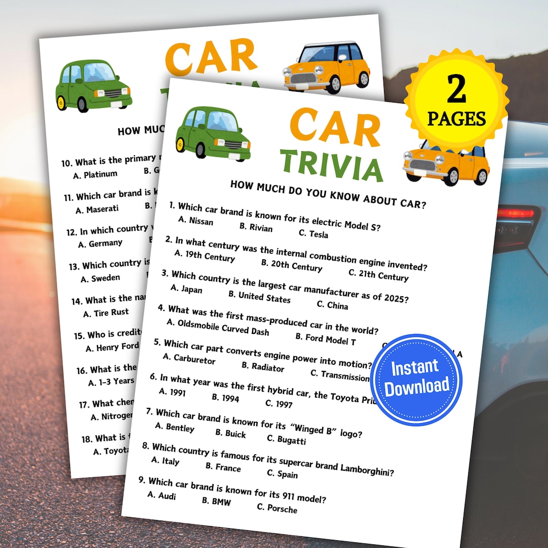 Car Trivia Game | Car Knowledge Quiz Game | Printable Car Party Trivia ...