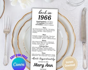 May include: A white card with gold trim, listing facts from 1966, including world population, news, music, movies, and celebrities born. The card says "Happy Birthday Mary Ann" and is designed for instant download.