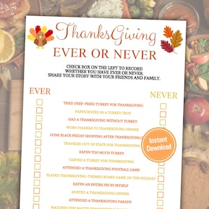 Thanksgiving Ever or Never Spiel | Minimalistisches Herbst-Spiel | Thanksgiving Druckbare Spiele | Herbst-Trivia | Sofort Download PDF