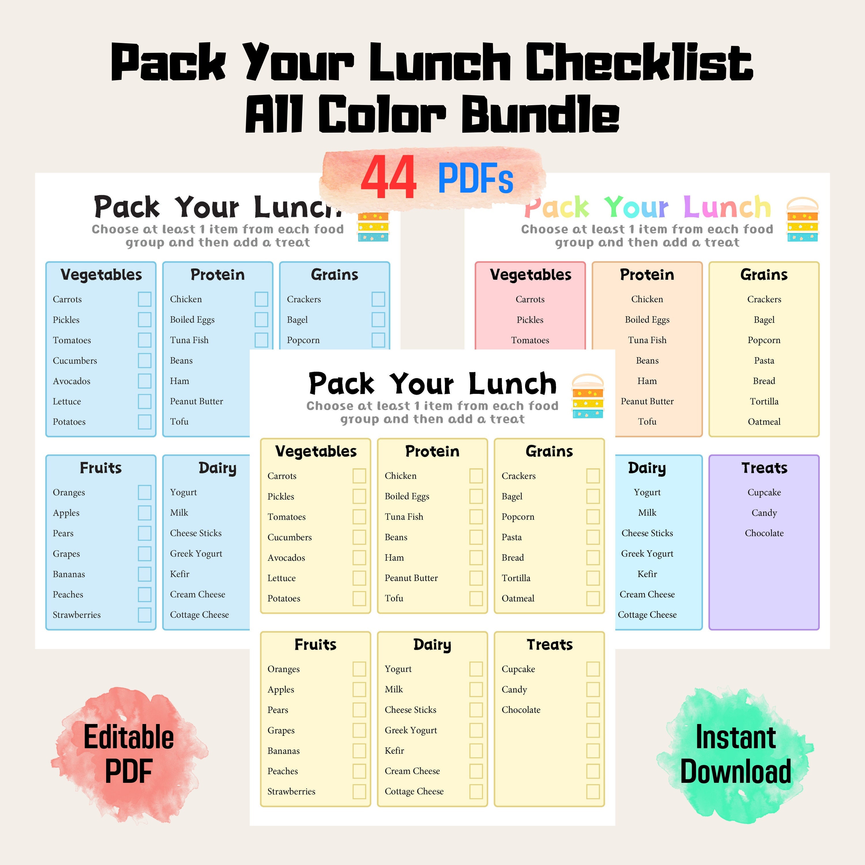 Packen Sie Ihre Lunch-Checkliste Alle Color Bundle | Kinder Gesunde Ernährung Vorlage | Elementare druckbare | Kids Lunch Menu Chart | Sofort Download