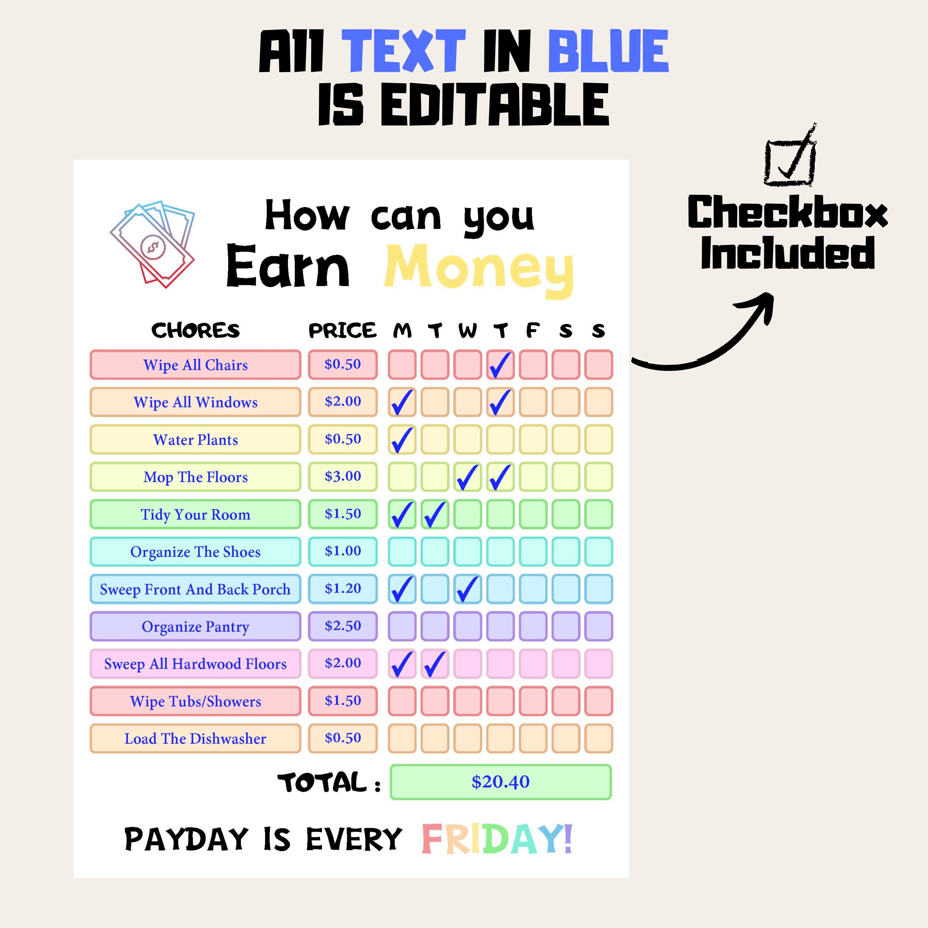 Editable Kids Chore Chart Rainbow Color Earn Money System Printable ...
